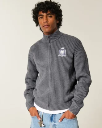 Relaxed Graphic Zip-Up Sweater