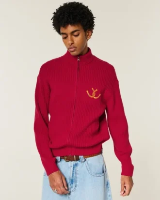 Relaxed Zip-Up Horseshoe Graphic Sweater