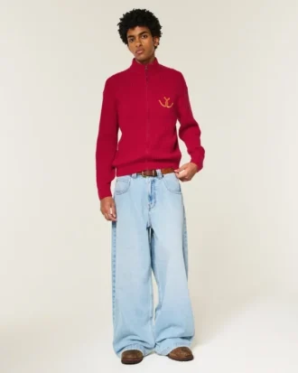 Relaxed Zip-Up Horseshoe Graphic Sweater