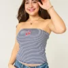 Ribbed Strapless Embroidered Cherry Tube Top