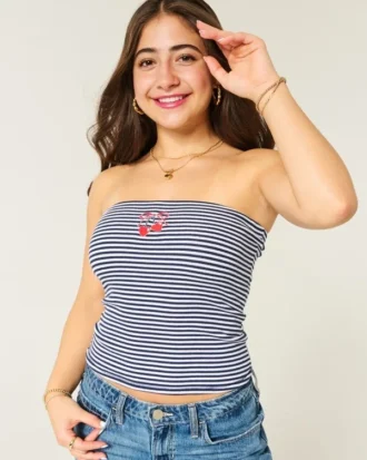 Ribbed Strapless Embroidered Cherry Tube Top