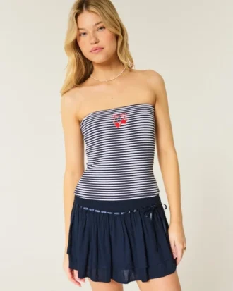 Ribbed Strapless Embroidered Cherry Tube Top