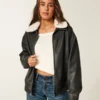 Sherpa Collar Faux Leather Bomber Jacket