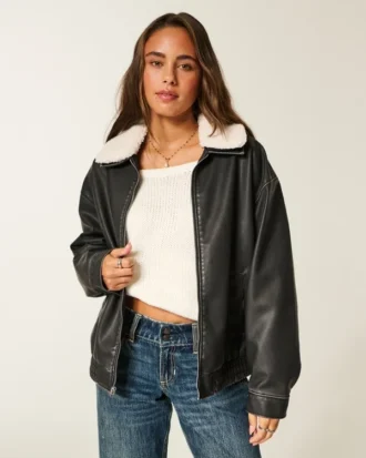 Sherpa Collar Faux Leather Bomber Jacket Sherpa Collar Faux Leather Bomber Jacket