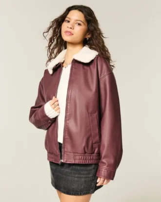 Sherpa Collar Faux Leather Bomber Jacket
