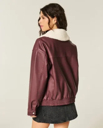 Sherpa Collar Faux Leather Bomber Jacket