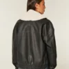 Sherpa Collar Faux Leather Bomber Jacket