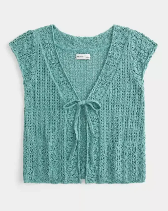 Short-Sleeve Crochet-Style Cardigan