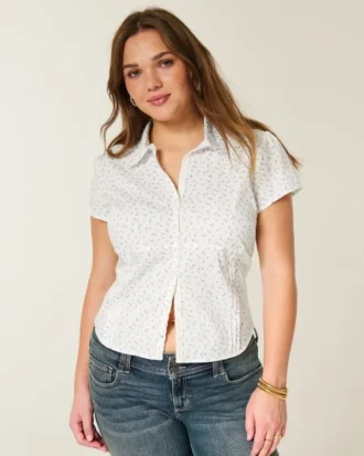 Short-Sleeve Stretch Poplin Button-Through Shirt