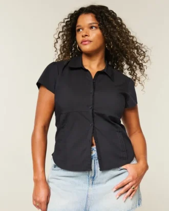 Short-Sleeve Stretch Poplin Button-Through Shirt