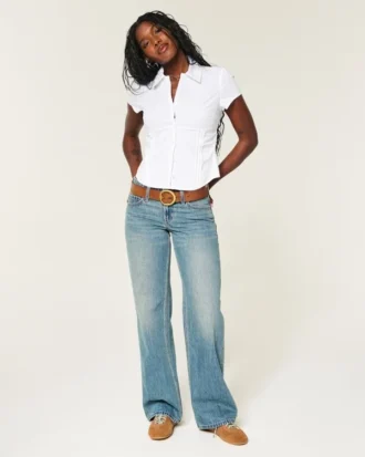 Short-Sleeve Stretch Poplin Button-Through Shirt