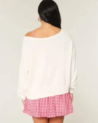 Slouchy Off-the-Shoulder Flag Heart Graphic Sweater