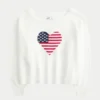 Slouchy Off-the-Shoulder Flag Heart Graphic Sweater