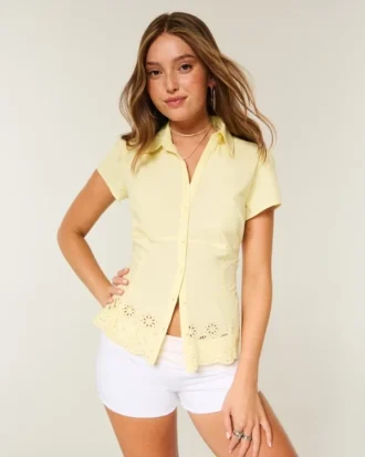 Stretch Poplin Embroidered Short-Sleeve Shirt