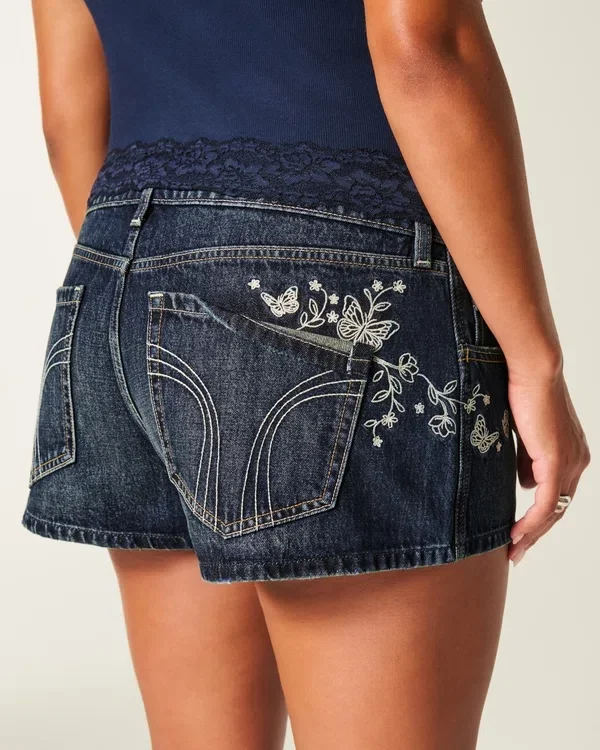 Ultra Low-Rise Dark Wash Butterfly Embroidered Denim Mini Shorts Ultra Low-Rise Dark Wash Butterfly Embroidered Denim Mini Shorts