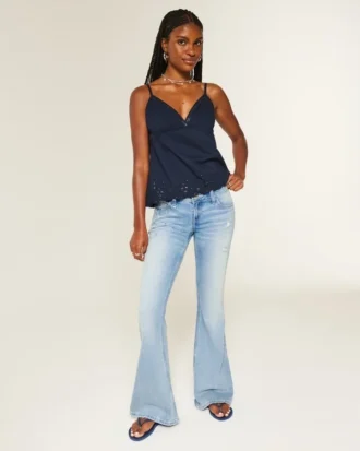 Ultra Low-Rise Distressed Light Wash Sequin Flare Jeans