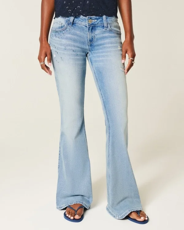 Ultra Low-Rise Distressed Light Wash Sequin Flare Jeans Ultra Low-Rise Distressed Light Wash Sequin Flare Jeans