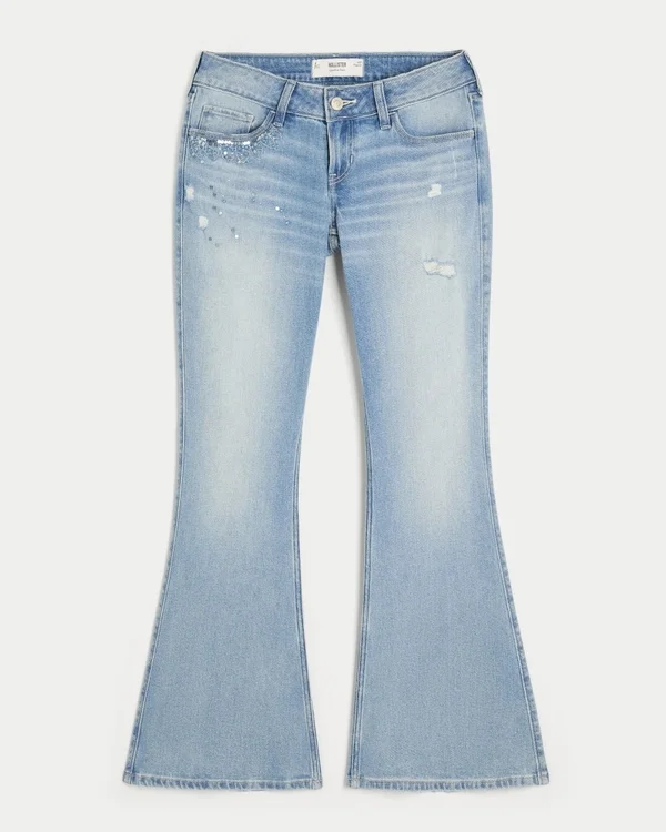 Ultra Low-Rise Distressed Light Wash Sequin Flare Jeans Ultra Low-Rise Distressed Light Wash Sequin Flare Jeans