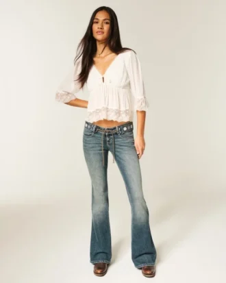 Ultra Low-Rise Embroidered Belt Medium Wash Flare Jeans Ultra Low-Rise Embroidered Belt Medium Wash Flare Jeans