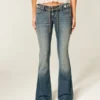 Ultra Low-Rise Embroidered Belt Medium Wash Flare Jeans Ultra Low-Rise Embroidered Belt Medium Wash Flare Jeans