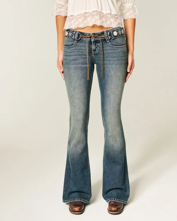 Ultra Low-Rise Embroidered Belt Medium Wash Flare Jeans Ultra Low-Rise Embroidered Belt Medium Wash Flare Jeans