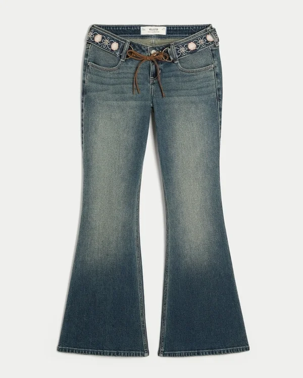 Ultra Low-Rise Embroidered Belt Medium Wash Flare Jeans Ultra Low-Rise Embroidered Belt Medium Wash Flare Jeans