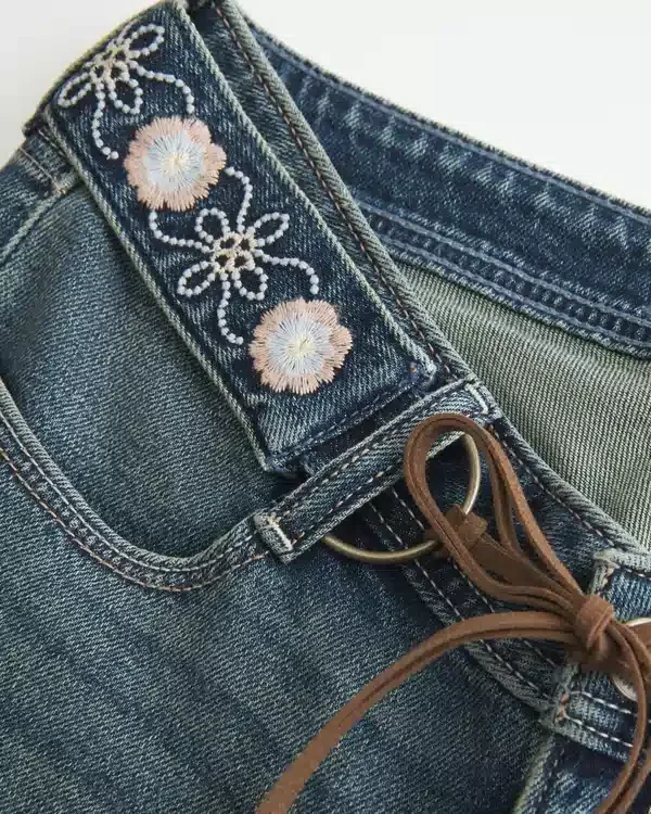 Ultra Low-Rise Embroidered Belt Medium Wash Flare Jeans Ultra Low-Rise Embroidered Belt Medium Wash Flare Jeans