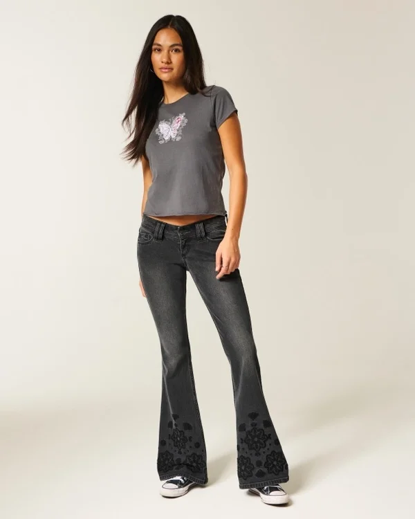 Ultra Low-Rise Floral Embroidery Washed Black Flare Jeans Ultra Low-Rise Floral Embroidery Washed Black Flare Jeans