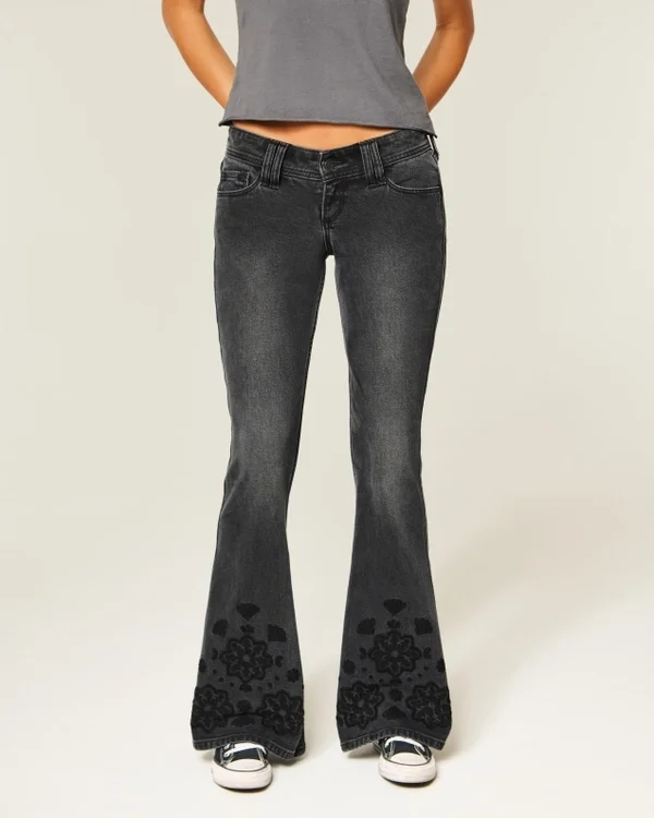 Ultra Low-Rise Floral Embroidery Washed Black Flare Jeans Ultra Low-Rise Floral Embroidery Washed Black Flare Jeans