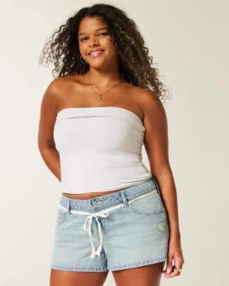 Ultra Low-Rise Light Wash Lace Tie Denim Mini Shorts