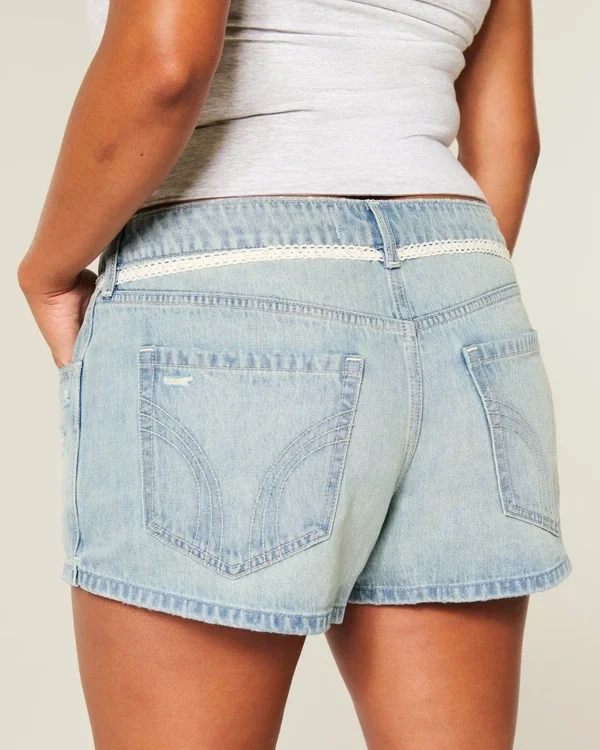 Ultra Low-Rise Light Wash Lace Tie Denim Mini Shorts Ultra Low-Rise Light Wash Lace Tie Denim Mini Shorts