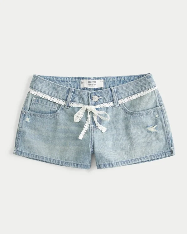 Ultra Low-Rise Light Wash Lace Tie Denim Mini Shorts Ultra Low-Rise Light Wash Lace Tie Denim Mini Shorts