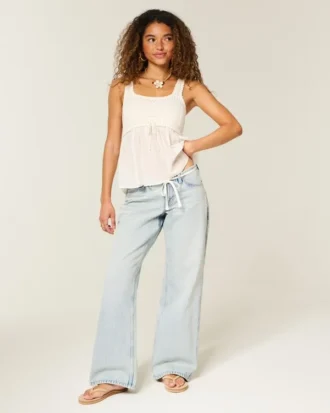 Ultra Low-Rise Light Wash Mini Waistband Shoelace Baggy Jeans