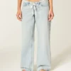 Ultra Low-Rise Light Wash Mini Waistband Shoelace Baggy Jeans Ultra Low-Rise Light Wash Mini Waistband Shoelace Baggy Jeans