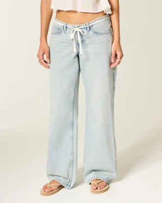 Ultra Low-Rise Light Wash Mini Waistband Shoelace Baggy Jeans