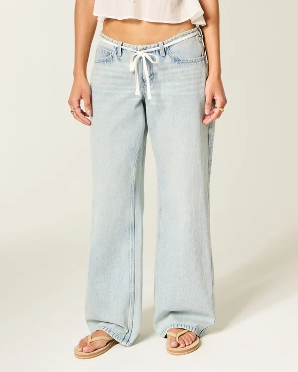 Ultra Low-Rise Light Wash Mini Waistband Shoelace Baggy Jeans Ultra Low-Rise Light Wash Mini Waistband Shoelace Baggy Jeans