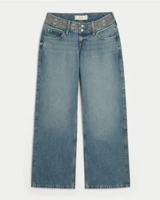 Ultra Low-Rise Medium Wash Embroidered Waist Baggy Jeans