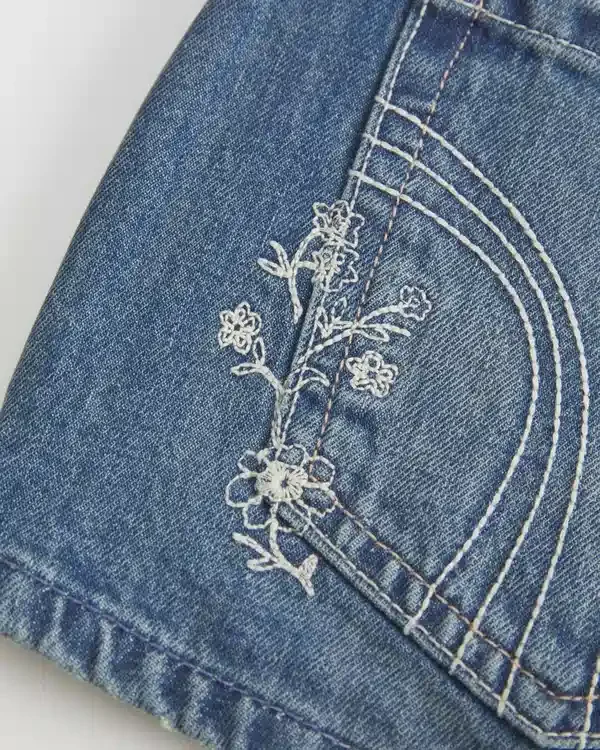 Ultra Low-Rise Medium Wash Floral Embroidered Denim Mini Shorts Ultra Low-Rise Medium Wash Floral Embroidered Denim Mini Shorts