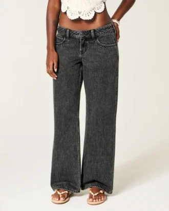Ultra Low-Rise Washed Black Buckle Back Baggy Jeans