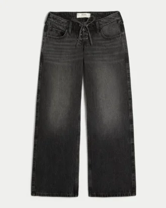 Ultra Low-Rise Washed Black Lace-Up Baggy Jeans