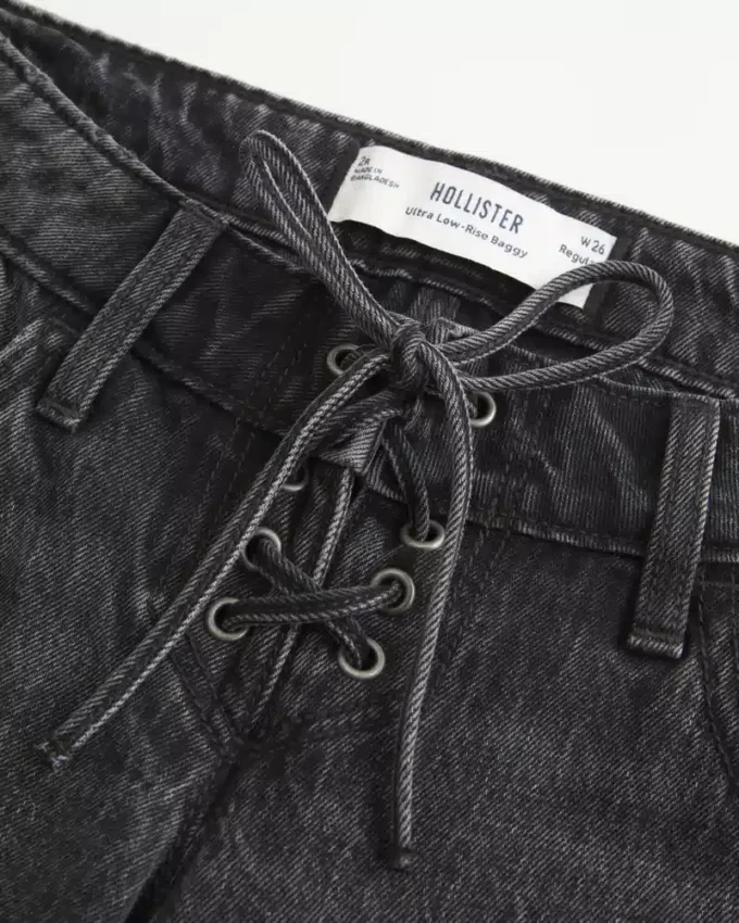 Ultra Low-Rise Washed Black Lace-Up Baggy Jeans Ultra Low-Rise Washed Black Lace-Up Baggy Jeans