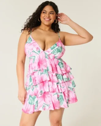V-Neck Ruffled Tier Babydoll Mini Dress