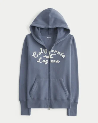 Waffle Lined Hood Zip-Up Logo Graphic Hoodie