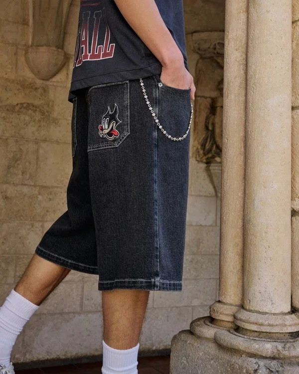 Washed Black Cat Graphic Super Baggy Denim Shorts Washed Black Cat Graphic Super Baggy Denim Shorts