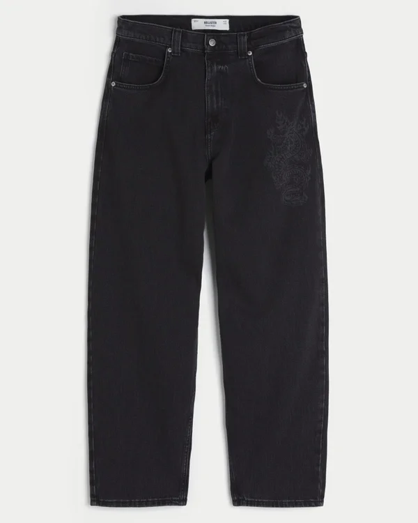 Washed Black Dragon Graphic Skater Baggy Jeans Washed Black Dragon Graphic Skater Baggy Jeans
