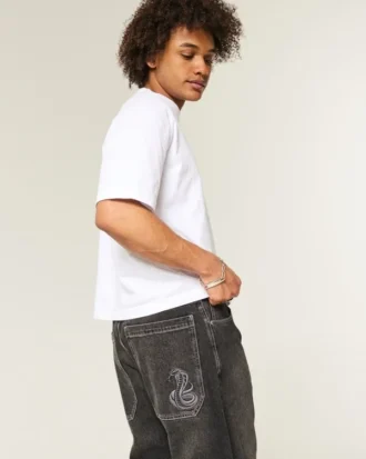 Washed Black Embroidered Snake Skater Baggy Jeans