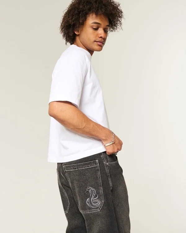 Washed Black Embroidered Snake Skater Baggy Jeans Washed Black Embroidered Snake Skater Baggy Jeans