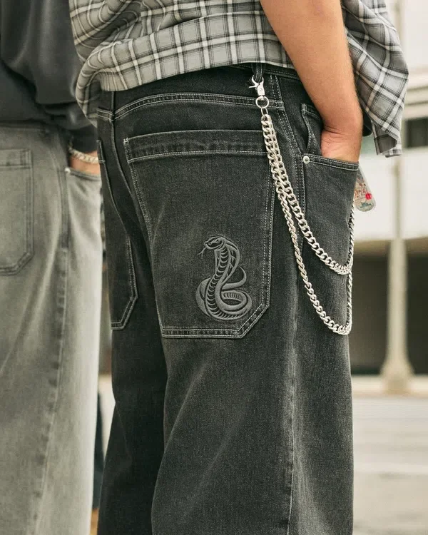 Washed Black Embroidered Snake Skater Baggy Jeans Washed Black Embroidered Snake Skater Baggy Jeans