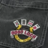 Washed Black Good Luck Embroidery Skater Baggy Jeans