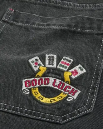 Washed Black Good Luck Embroidery Skater Baggy Jeans